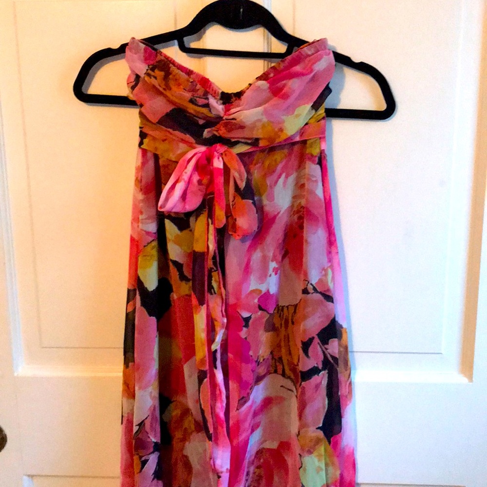 Strapless flowy pink floral maxi dress